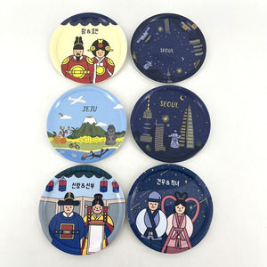 Korean Souvenir Coasters Set of 6 Round - Historical Scenes Modern Cartoon